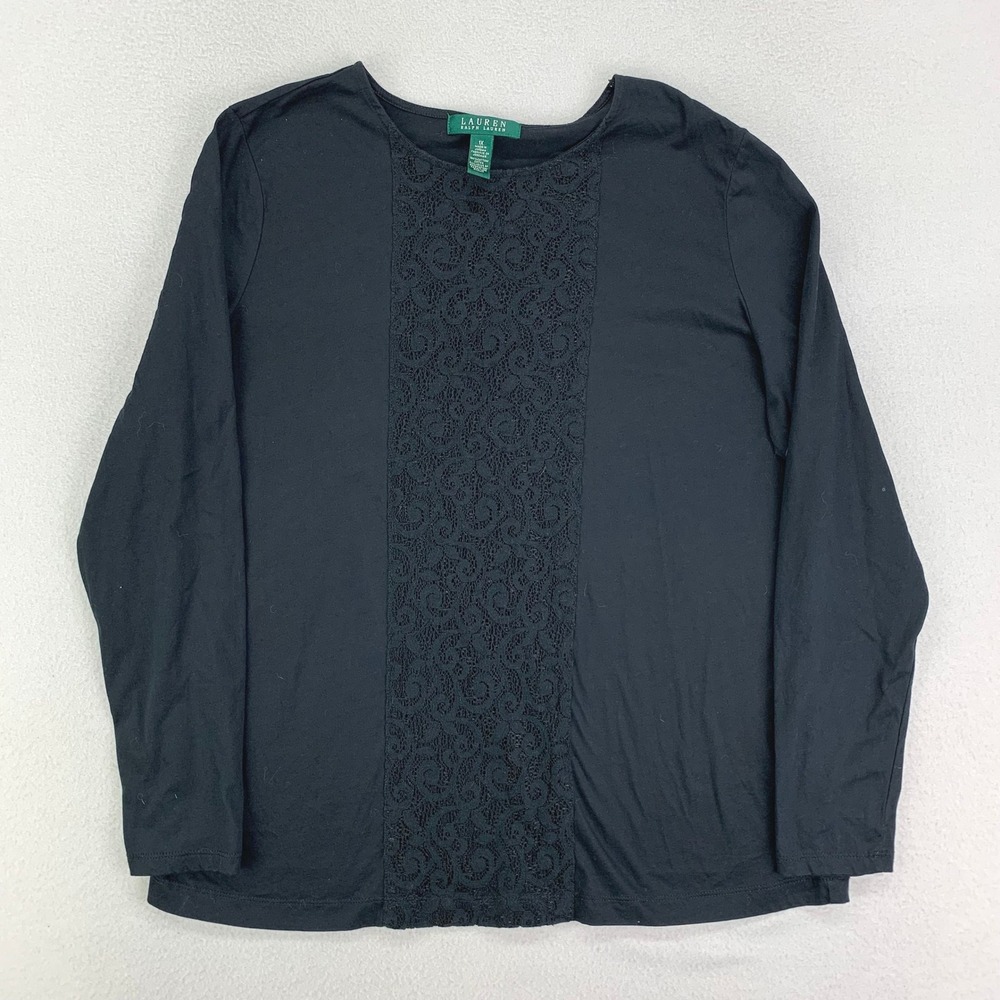 Lauren Ralph Lauren Top Womens 1X Black Long Sleeve Crewneck Lace Crewneck